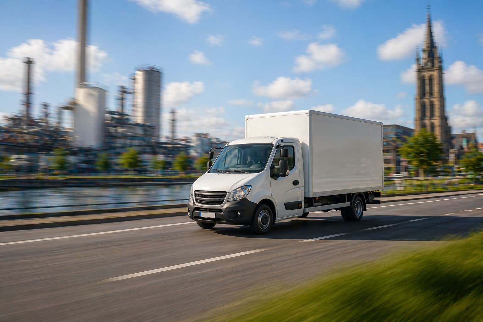 Bakwagen voor spoedtransport in regio Roeselare bij industrieel landschap.